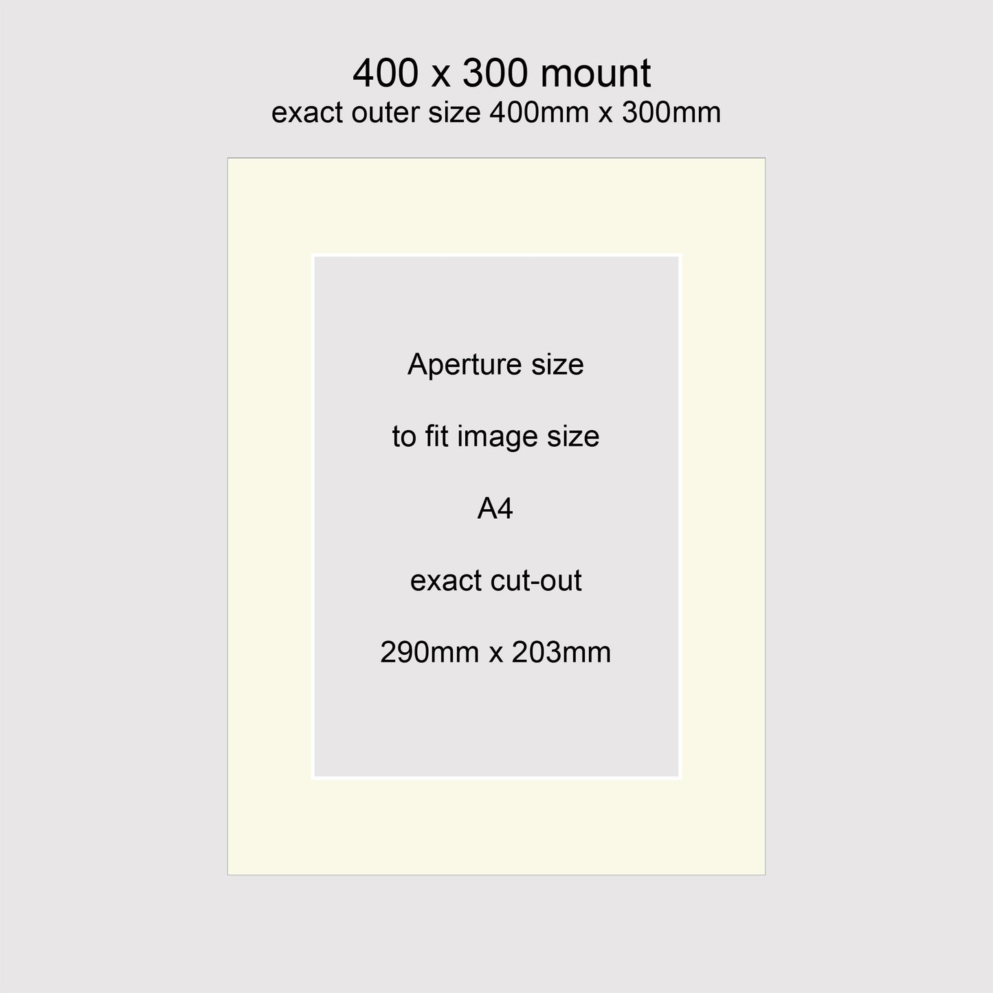 Standard size 400x300mm picture window photo mounts, aperture size to fit A4 images.