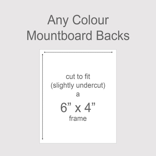 Backing boards in all colours, acid-free white-core 1.4mm thick. Outer size to fit a 6x4 inch frame.