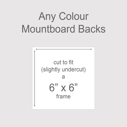 Backing boards in all colours, acid-free white-core 1.4mm thick. Outer size to fit a 6x6 inch frame, exact cut size 150mm x 150mm