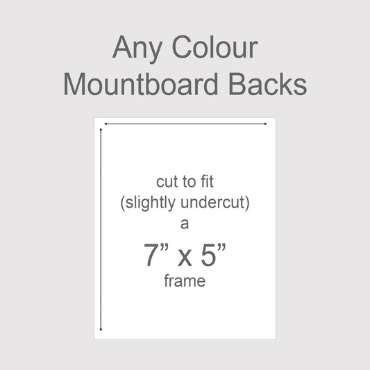 Backing boards in all colours, acid-free white-core 1.4mm thick. Outer size to fit a 7x5 inch frame.