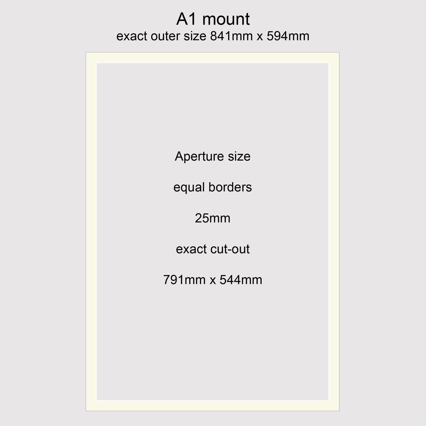 Conservation grade, acid-free, white-core, standard size A1 picture window photo mounts with equal 25mm borders.