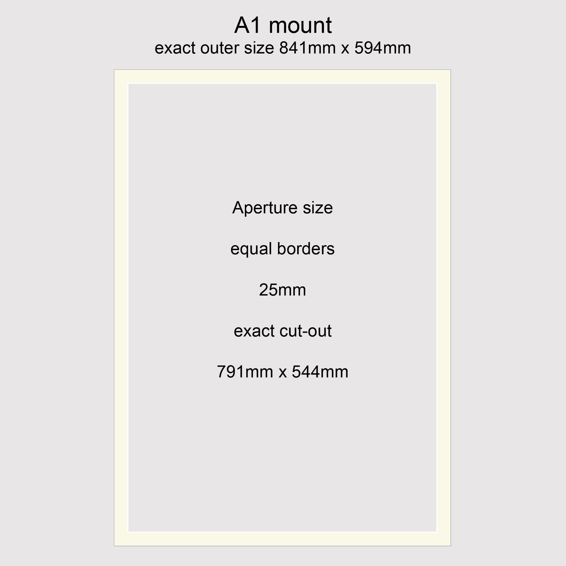 Conservation grade, acid-free, white-core, standard size A1 picture window photo mounts with equal 25mm borders.
