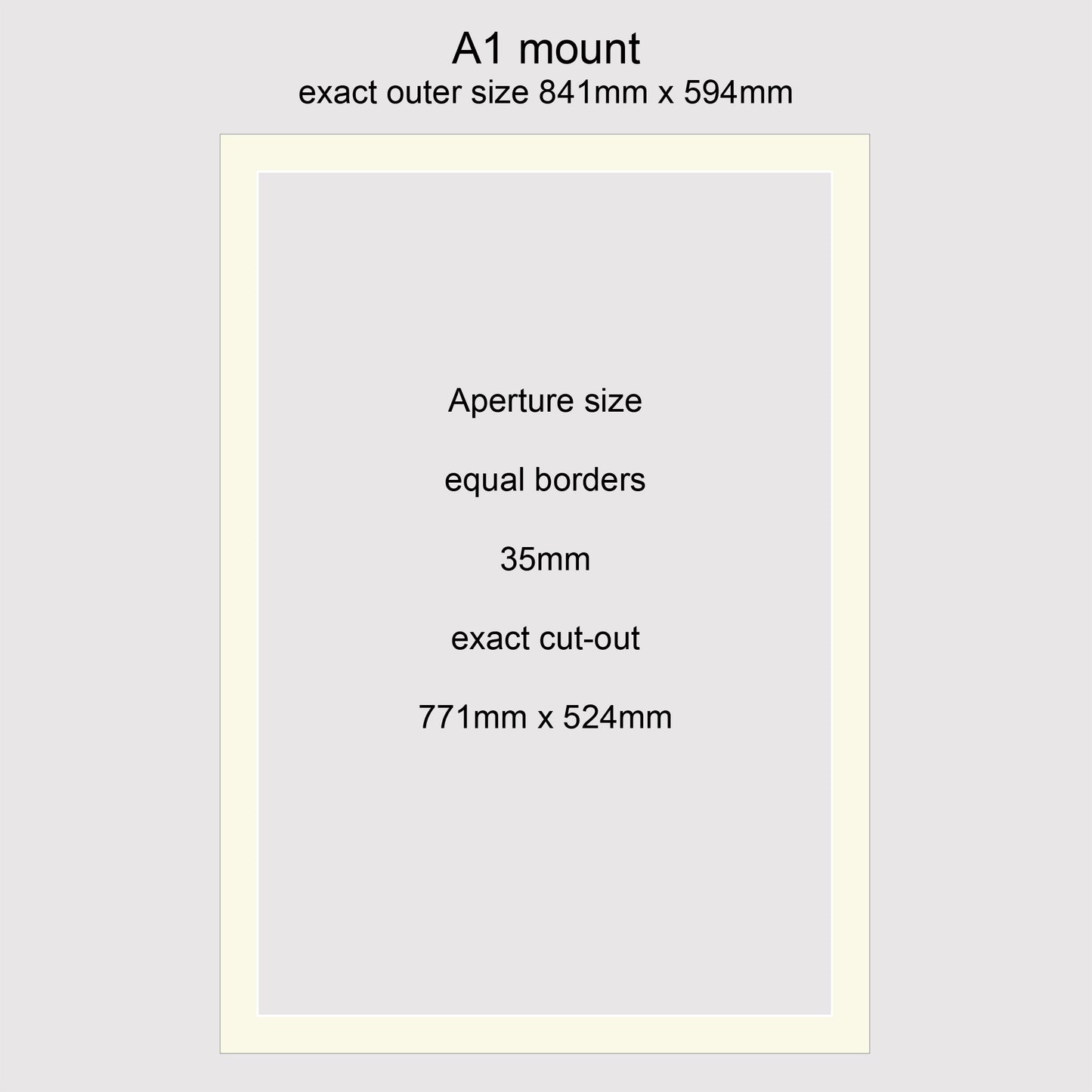 Conservation grade, acid-free, white-core, standard size A1 picture window photo mounts with equal 35mm borders.