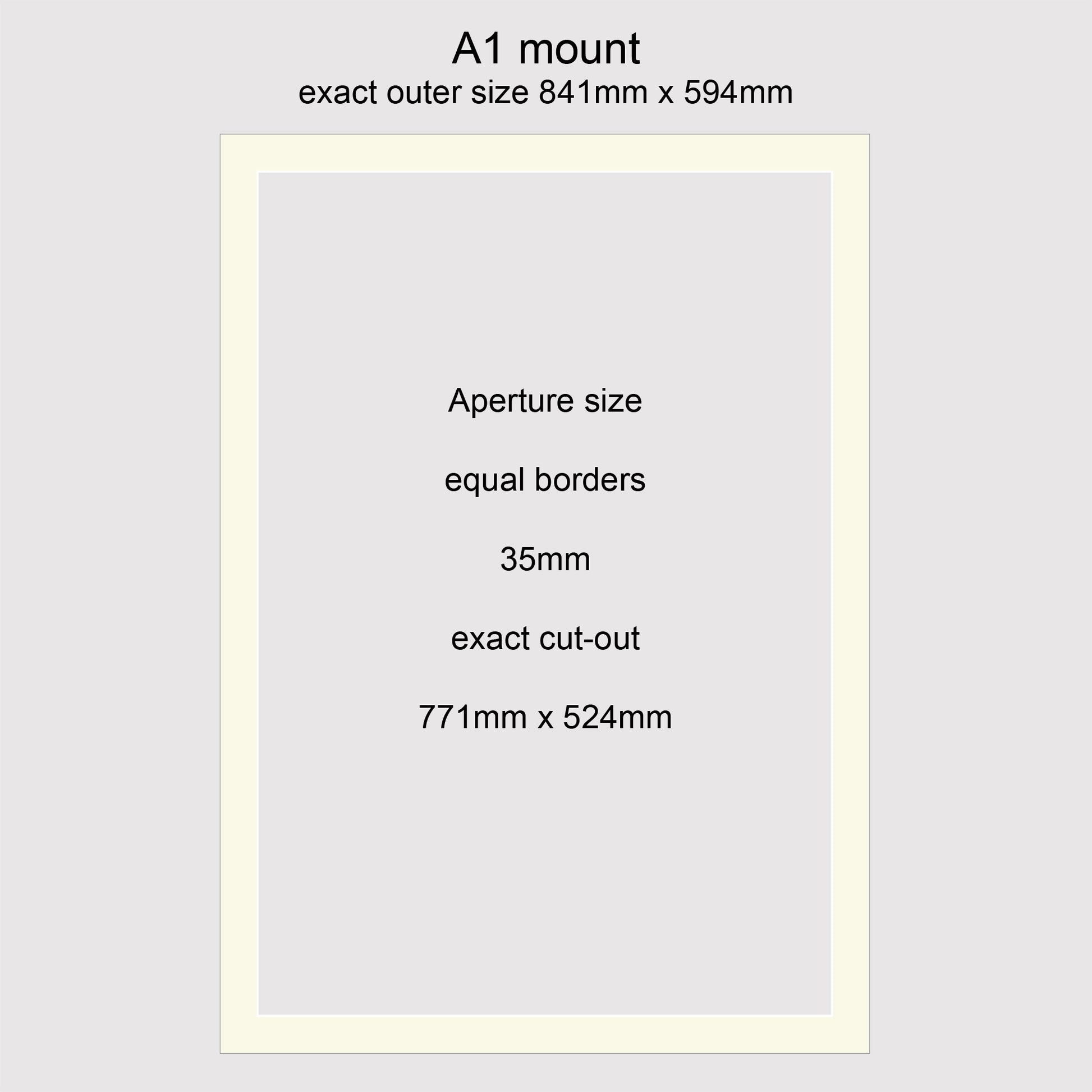 Conservation grade, acid-free, white-core, standard size A1 picture window photo mounts with equal 35mm borders.