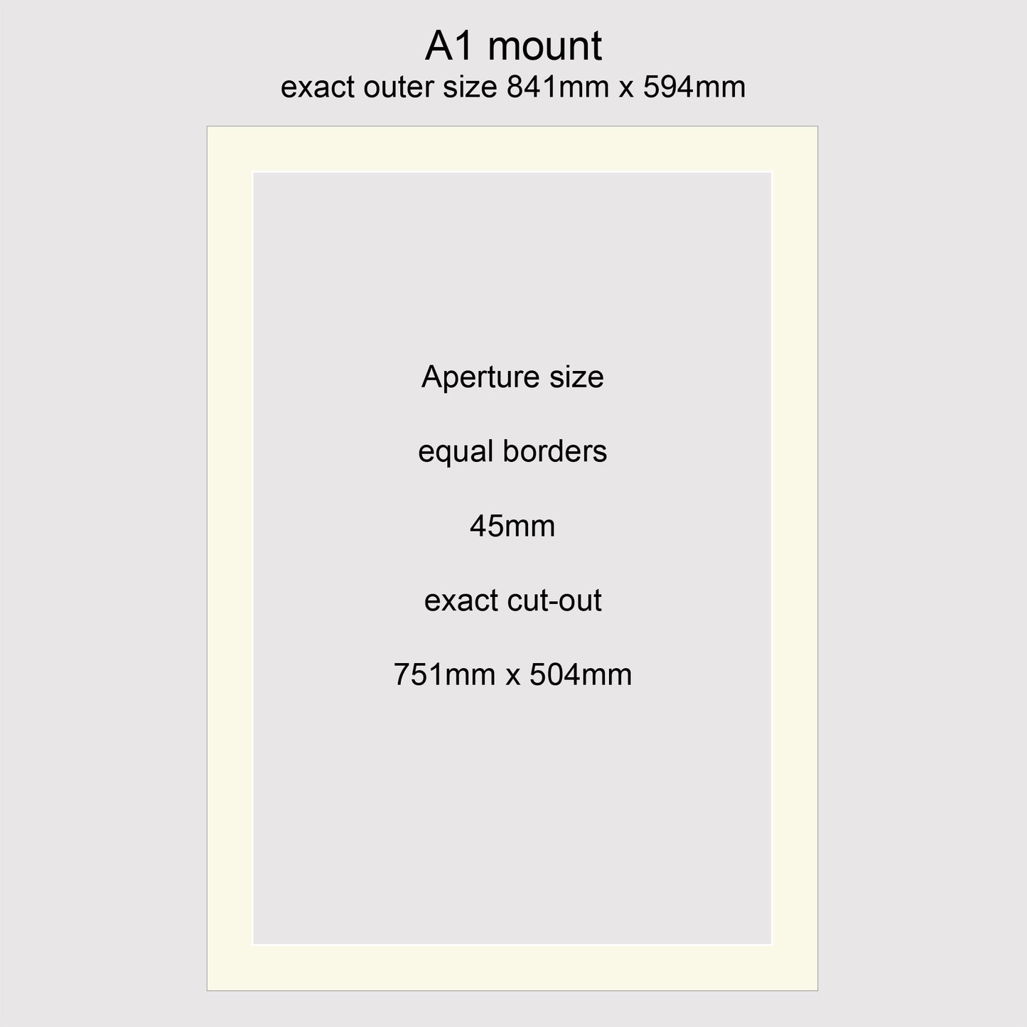 Conservation grade, acid-free, white-core, standard size A1 picture window photo mounts with equal 45mm borders.