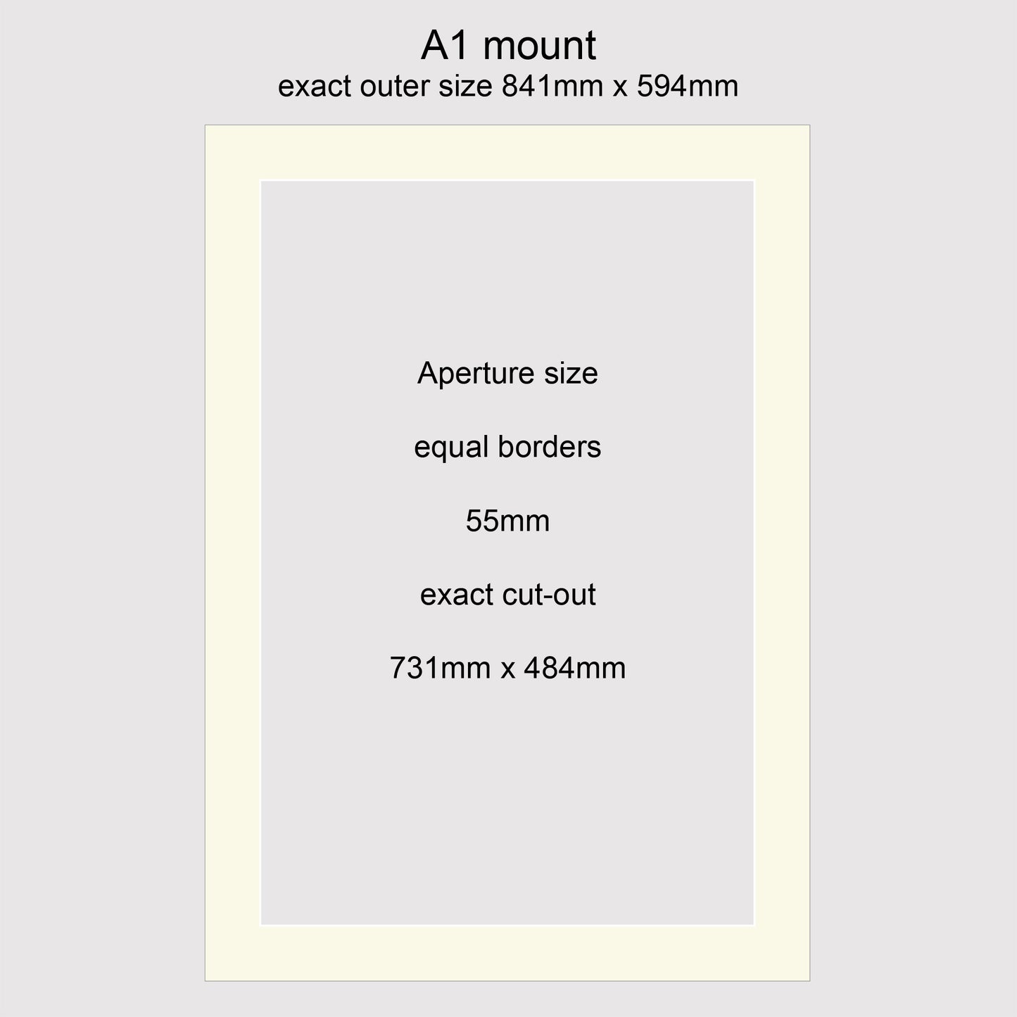 Conservation grade, acid-free, white-core, standard size A1 picture window photo mounts with equal 55mm borders.