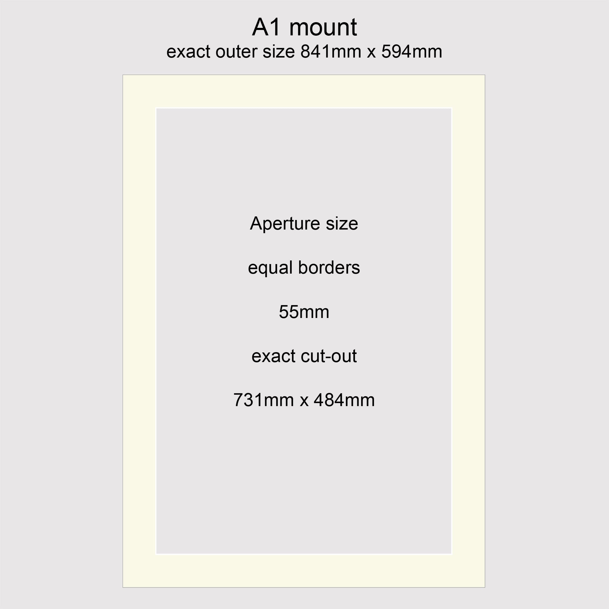 Conservation grade, acid-free, white-core, standard size A1 picture window photo mounts with equal 55mm borders.