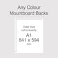 Backing boards in all colours, acid-free white-core 1.4mm thick. Outer size A1, 841mm x 594mm.