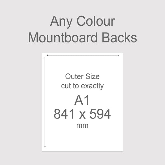 Backing boards in all colours, acid-free white-core 1.4mm thick. Outer size A1, 841mm x 594mm.