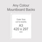 Backing boards in all colours, acid-free white-core 1.4mm thick. Outer size A3, 420mm x 297mm.