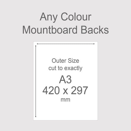 Backing boards in all colours, acid-free white-core 1.4mm thick. Outer size A3, 420mm x 297mm.