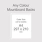 Backing boards in all colours, acid-free white-core 1.4mm thick. Outer size A4, 297mm x 210mm.