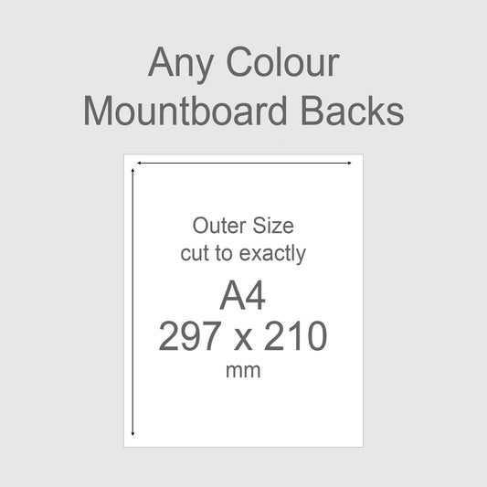 Backing boards in all colours, acid-free white-core 1.4mm thick. Outer size A4, 297mm x 210mm.