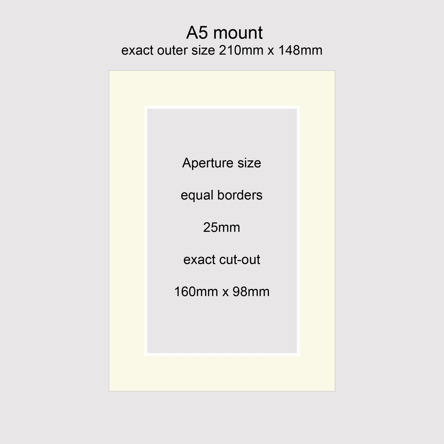 Standard size picture window photo mounts. Outer size A5, 210mm x 148m. Equal borders of 25mm.