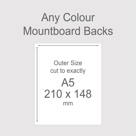 Backing boards in all colours, acid-free white-core 1.4mm thick. Outer size A5, 210mm x 148mm.